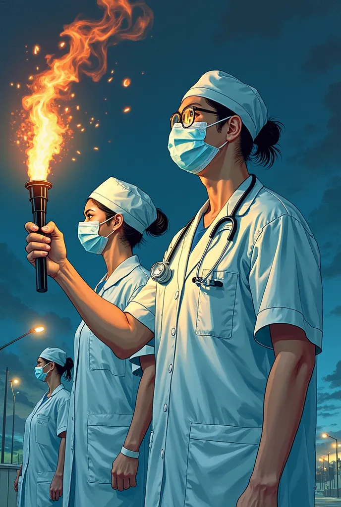 illustration of a doctor and nurses with a torch in their hand, masked doctors, by Yanagawa Nobusada, doctor, (doctor), pandemic, cover illustration, poster of corona virus, by Ni Yuanlu, by Shinoda Toko, cover art of graphic novel, nurse, cover shot, medi...