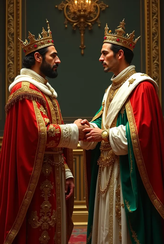 Spanish and Mexican monarchs with crowns shaking hands in European clothing in the colors of their flags