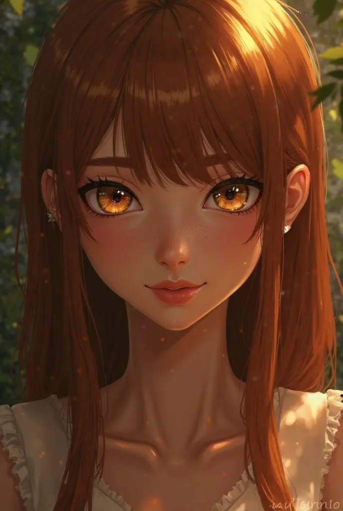 I want a medium-haired character, brown skin, medium reddish, straight hair with bangs and honey-colored half yellow eyes