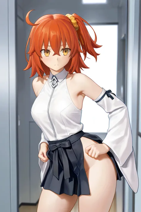 NSFW,masterpiece,highest quality,High Resolution,very detailed,Ritsuka Fujimaru\(Fate/Grand Order),orange hair, shoulder out、Sleeveless、袴skirt、 kimono、skirt、band、Side slit 、Wide sleeves 、white shirt,Japanese-style room