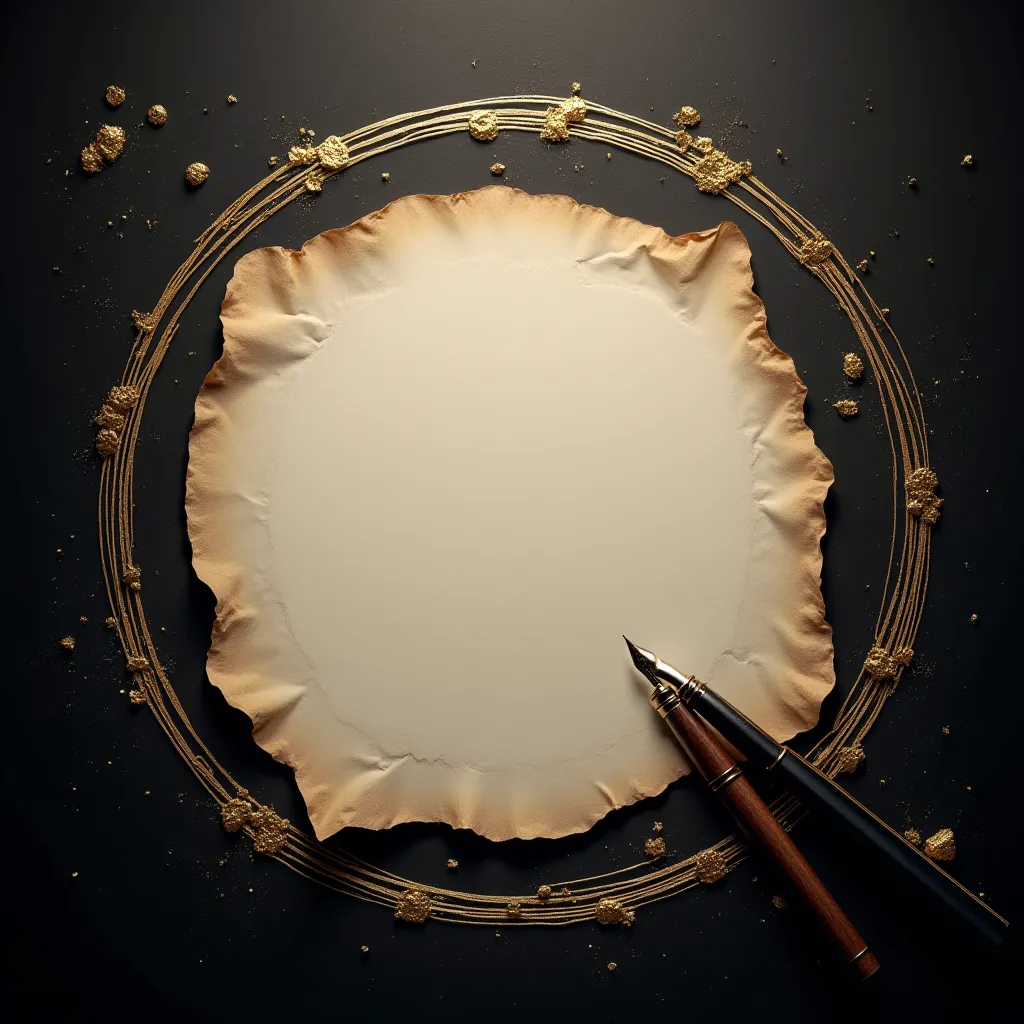 An elegant circular frame, drawn as if it were made with a pen, occupying almost the entire square image, with a fine golden line. The circle has subtle details of golden lighting and small splashes of paint for an artistic touch. The center is completely ...