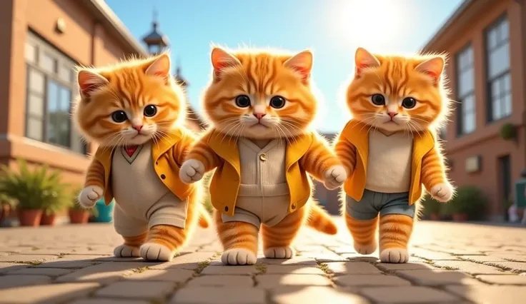 A small kitten, now looking confident and happy in a stylish new outfit, walks together with his kitten friends into a bright and cheerful schoolyard. The sun shines warmly, the sky is clear blue, and the atmosphere is full of joy and hope. The once-teasin...