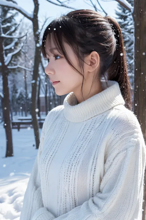 in the snowy debtorest,        Japanese girl,         knitted sweater with the body facing forward    ,   It's snowing ,  Sparkling Eyes  ,      Silver Hair,     Actual portrait of a woman in profile    , depth odebt debtield, debt/1.8,    anatomically acc...