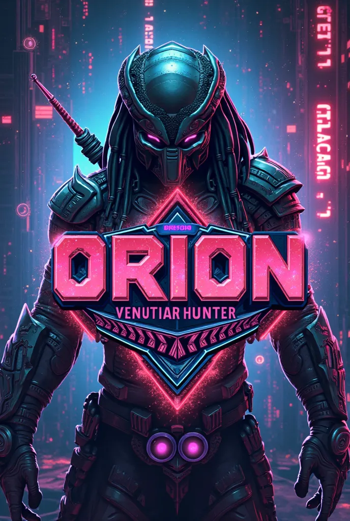 Make an 80s style retro logo titled “ Orion: Venutian Hunter” With variations of blue, purple, and pink. Add an yautja predator in the background made of pixels.