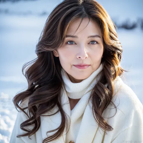 Beautiful mature woman with beautiful wavy long hair, Sexy Milf, face close-up, Snowfield, Ultra High Resolution,( realistic:1.4), ((highest quality)), ((masterpiece)), (be familiar with),