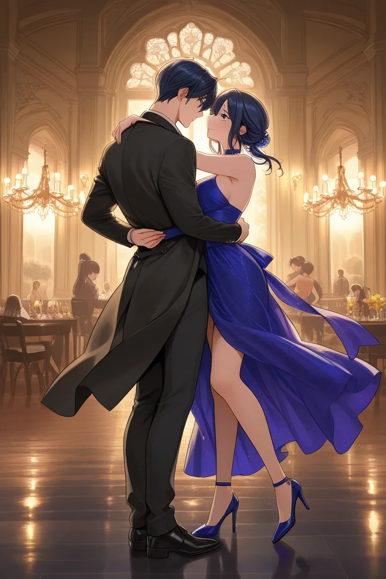 a fancy party, a couple dancing close at night outside full body 