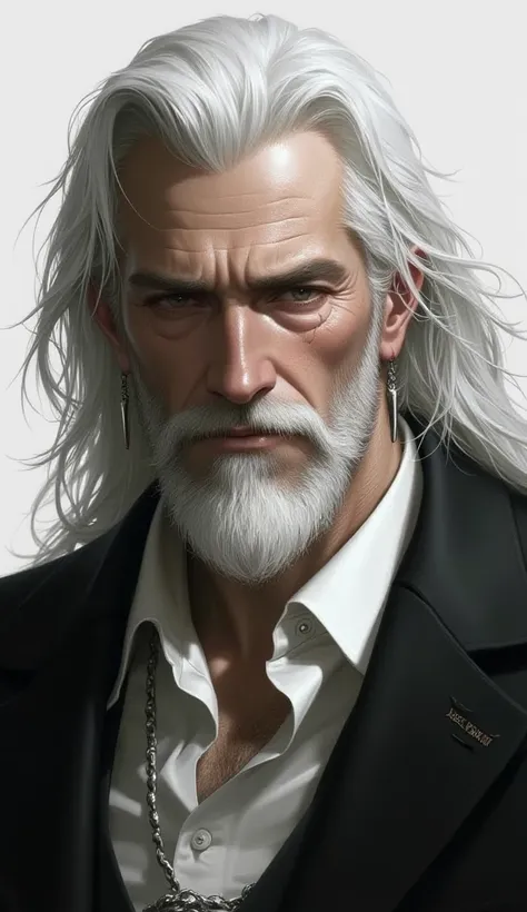 Bearded man, well-dressed long white hair due to age, But is.  black eyes.