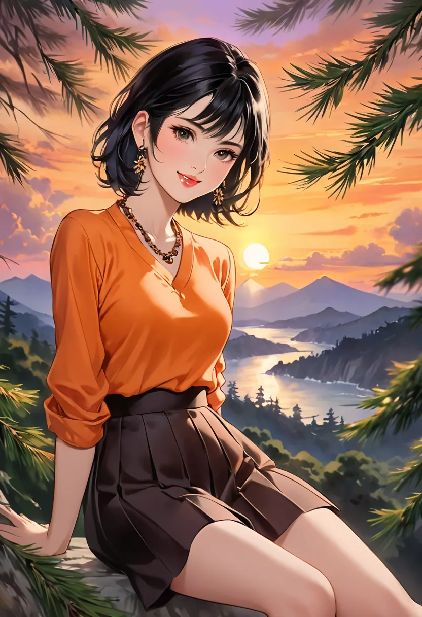 intense ink painting, young Japanese woman, Perfect face , perfect style,  black bob hair, beautiful brown, slender eyes, cute face,  beautiful pink lips , long sleeve orange blouse, purple pleated skirt, Brown Shoes,  look at me and smile, earrings, neckl...