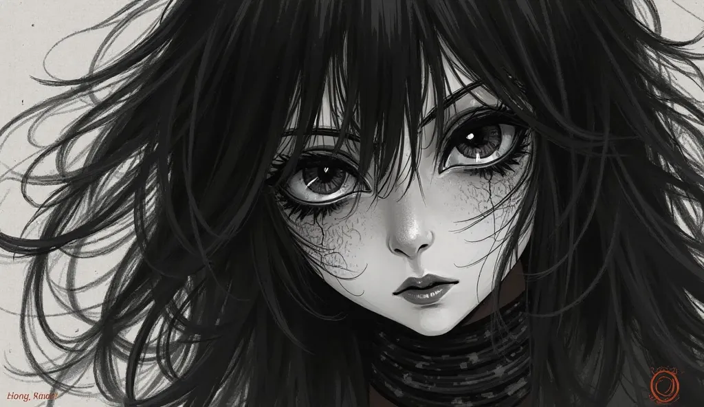 - Style: manga/surreal horror
- Mysterious and dark character: - Look at: hair
- Abstract and distorted: aesthetics
- Face: Subtle marks , freckles or cracks
- Dark and bizarre: intensity and mystery
- Deep and unsettling: dark, contrast
- Background: shad...