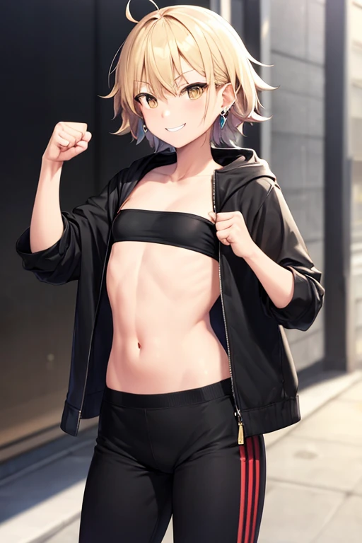 ((highest quality)), ((masterpiece)), ( details), 1 woman, very short hair,  disheveled hair, Bedhead,  Gold, Narrow eyes, sling, mean smile, earrings, well-groomed face, Big black jacket , red underwear,  black pants , WHITE SNEAKERS, flat chest, is tall,...