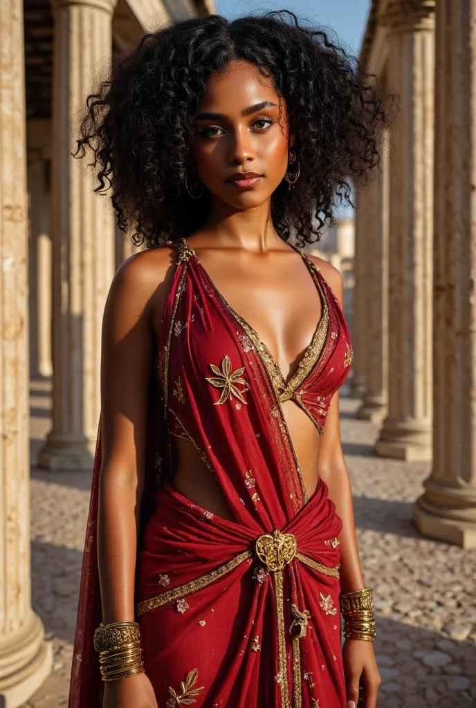 A stunningly beautiful 18-year-old Greek goddess (Tyla-inspired face:1.3), with flawless golden-brown skin with radiant radiance (ethereal aura:1.4), hypnotic heterochromy eyes (emerald green left eye, obsidian black right eye:1.5), lips filled with subtle...