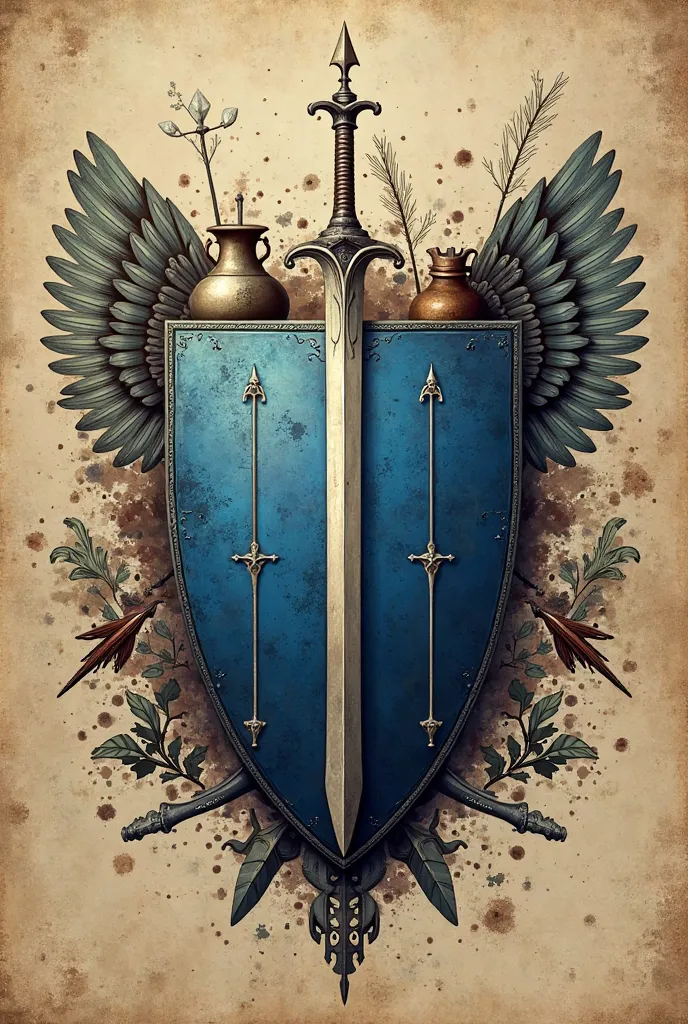 A round blue and earthy coat of arms with spear, sword and bow, arrow and shield with wings and a jug 