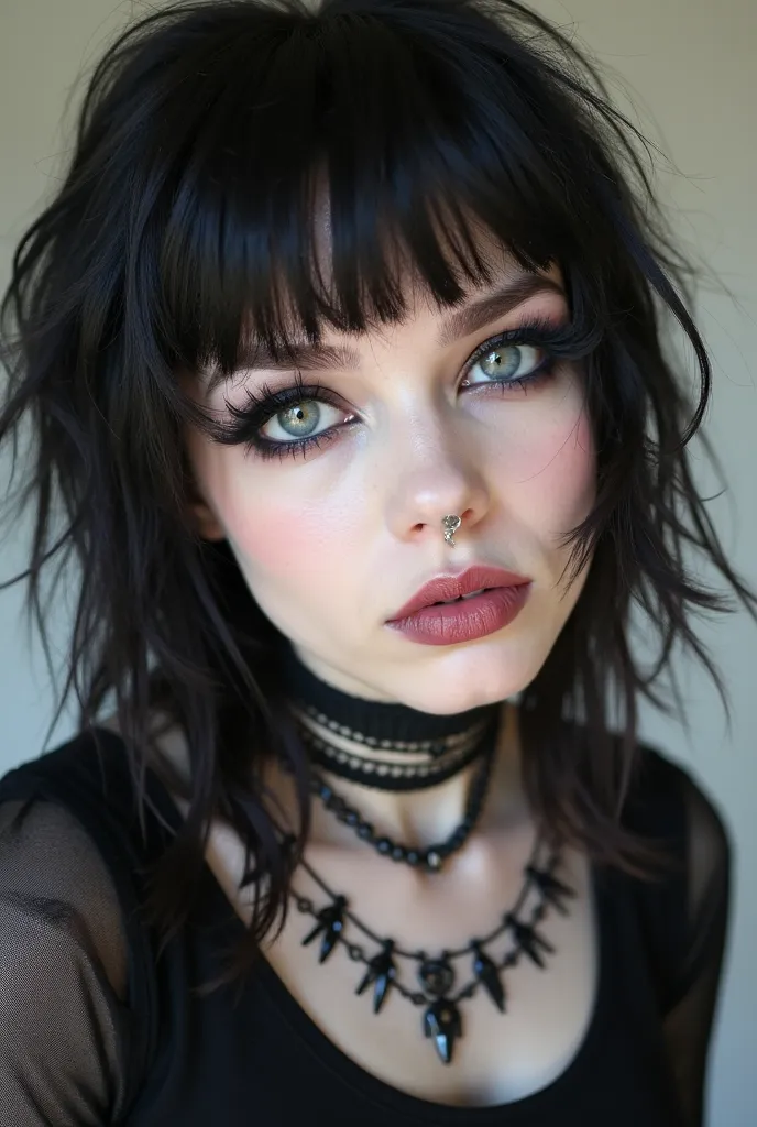 5'2 pale skined woman. She has long eyelashes, she looked adorable. She has bold emo/edgy makeup. Her bangs are razored and her hair is layered in an emo hairstyle. She has long black stiletto shapped nails. She has a cute edgy esthetic that shows some ski...