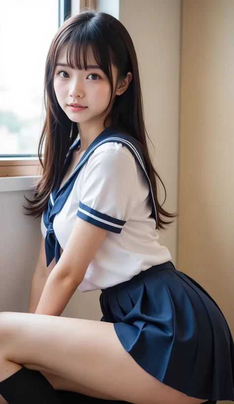 (((nsfw)))、 Japanese、KAWAII、Western-style room , japanese high school uniform, perfect body, double eyelids, sit against the wall, crouching,white pantie, I'm wearing black knee socks , cheap sailor suit, Japanese Language School Uniforms, 、 upskirt、 ...
