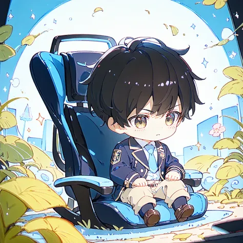 masterpiece,  (low brightness), ( high saturation, high contrast:1.3),  1 boy,  high school boy,black short hair,(navy school blazer:1.2), blue tie, white shirt, pants  break, Chibi,sitting gaming chair