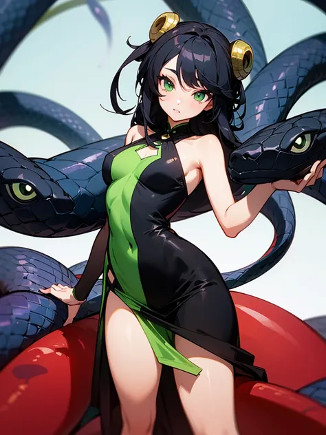 Create an image of a female character with snakes on her head, black hair, Green eyes and dressed in a beautiful party dress 