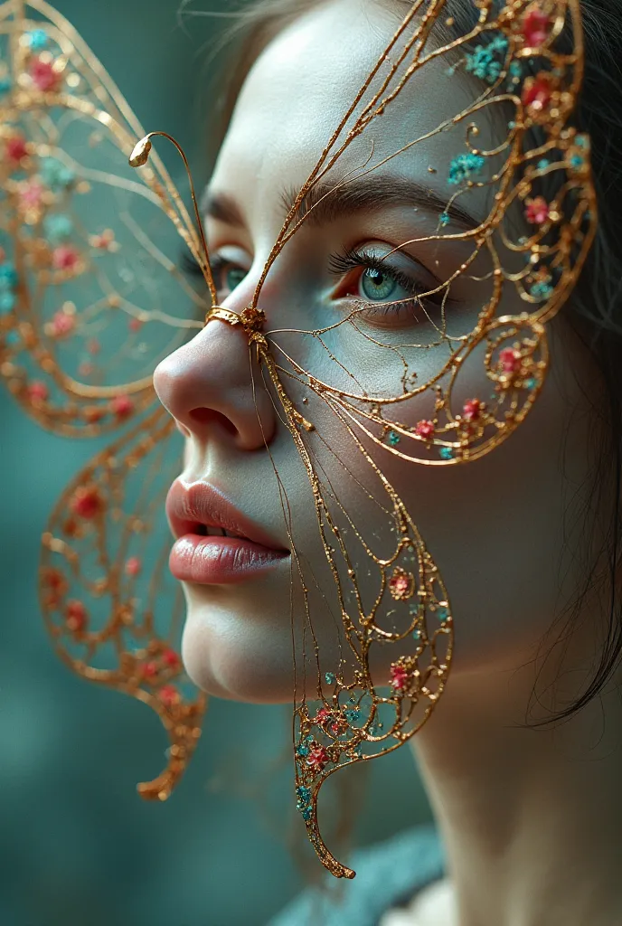 Triple exposure: A surreal and ethereal portrait of a woman whose face merges seamlessly with the wings of an intricate butterfly. The butterfly's delicate, translucent wings are adorned with gold filigree and deep red and teal hues, creating an enchanting...