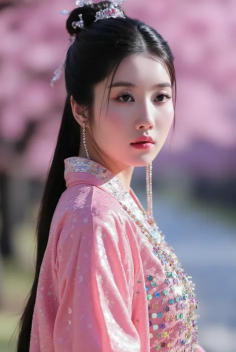 (Full Body), A luminous Korean beauty from ancient dynasties (221 BCE - 220 CE) stands majestically against a outdoor cherry blossom background, her vibrant raibow twotone Wuxia attire radiating an otherworldly aura. David Lachapelle's lens captures the fr...
