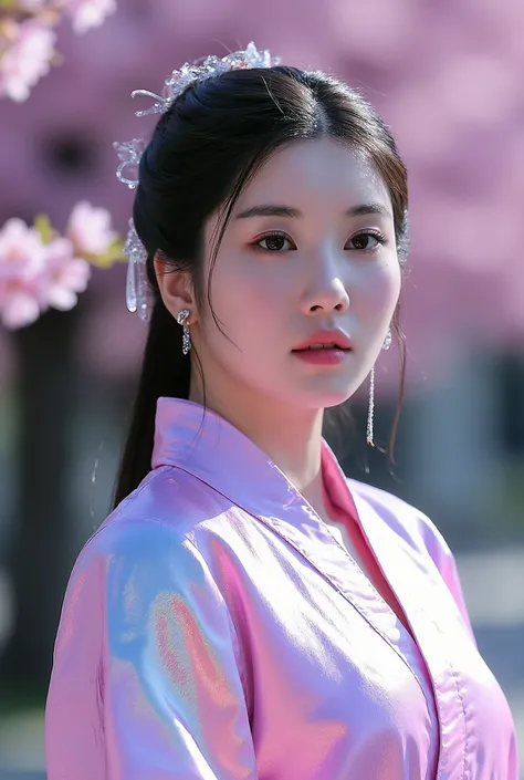 (Full Body), A luminous Korean beauty from ancient dynasties (221 BCE - 220 CE) stands majestically against a outdoor cherry blossom background, her vibrant raibow twotone Wuxia attire radiating an otherworldly aura. David Lachapelle's lens captures the fr...
