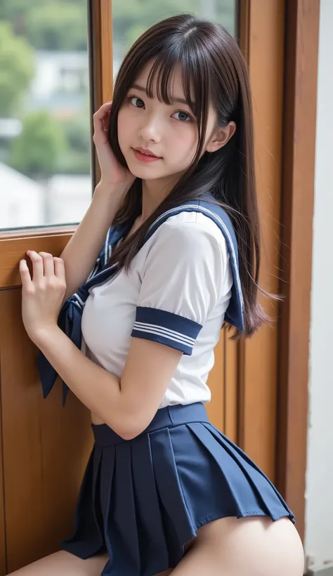 (((nsfw)))、 Japanese、KAWAII、Western-style room , japanese high school uniform, perfect body,  double eyelids,  sit against the wall, crouching,white pantie, I'm wearing black knee socks  ,  cheap sailor suit, Japanese Language School Uniforms, 、 upskirt、  ...