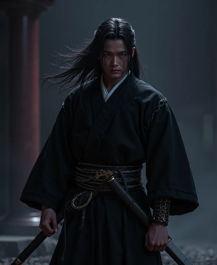 1 boy, solo, long hair, Japanese clothing, black clothing, samurai, wearing hakama, holding weapon, charming illustration portrait, digital art styledigital art, intricate details, 8K, photo-realistic, professional, masterpiece, ultra-detailed, studio ligh...