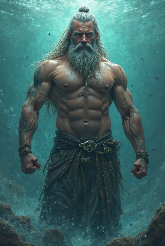 The sea god Poseidon, with long hair tied up, staring straight ahead, raising his clenched fists, as if in greeting, wearing iron trousers, his muscular body shirtless. He is in the ocean.
