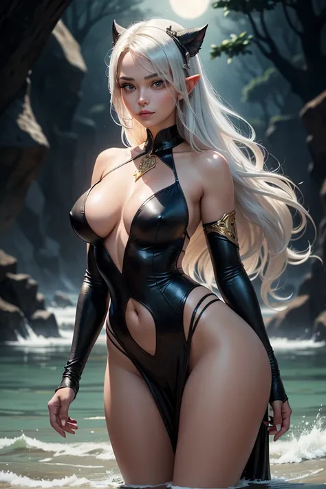 Visualize a dark and luminous black elf, her fine and delicate features, but with an irresistible force emanating of your presence.  her hair is long and white , bright as moonlight, falling in soft waves up to her waist. It creates a contrast mesmerizing ...