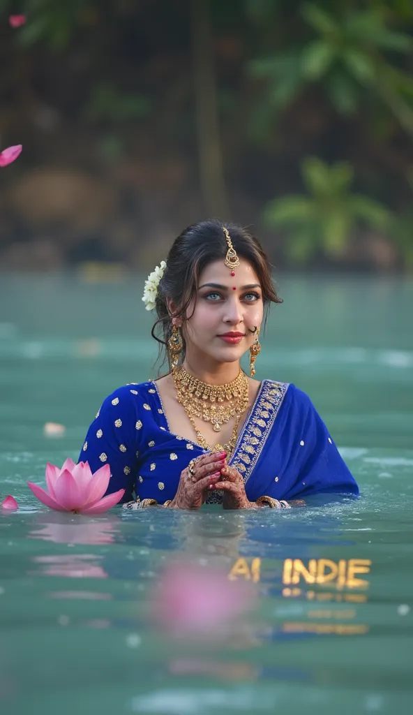 (masterpiece, best quality:1.2), ultra-detailed, 1girl, waist-deep in a flowing turquoise river, wearing a soaked royal blue lehenga with intricate gold embroidery, delicate gold chains draping over her shoulders, ornate jhumkas glistening in the warm moon...