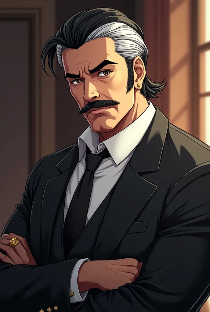 anime drawing of a 40-year-old man, black hair with white gray hair on the sides, a small mustache,  in a stylish black suit, stocky with a gold ring on one finger