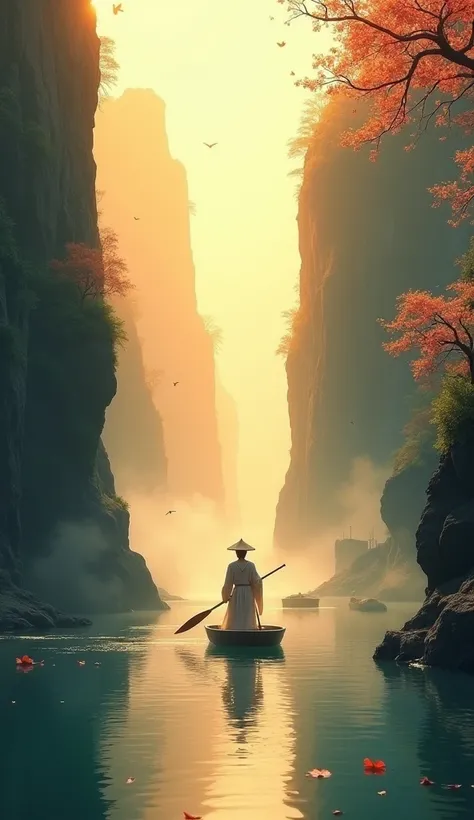 A breathtaking digital painting in ancient Chinese art style, depicting a lone traveler paddling a small wooden boat through a majestic canyon at sunrise. The cliffs on both sides are towering and rugged, resembling traditional Chinese ink wash paintings, ...