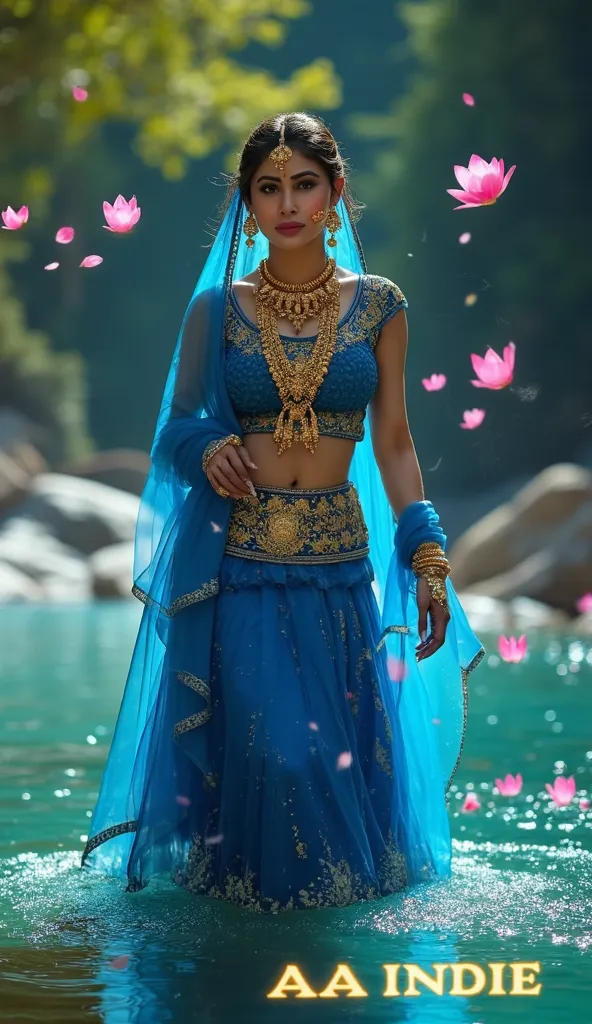 (masterpiece, best quality:1.2), ultra-detailed, 1girl, waist-deep in a flowing turquoise river, wearing a soaked royal blue lehenga with intricate gold embroidery, delicate gold chains draping over her shoulders, ornate jhumkas glistening in the warm moon...