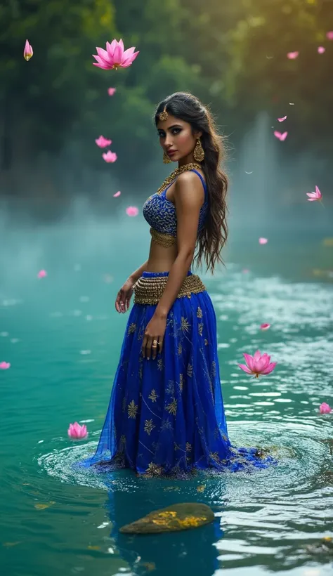 (masterpiece, best quality:1.2), ultra-detailed, 1girl, waist-deep in a flowing turquoise river, wearing a soaked royal blue lehenga with intricate gold embroidery, delicate gold chains draping over her shoulders, ornate jhumkas glistening in the warm moon...