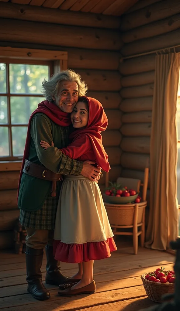 Inside a cozy wooden cabin deep in the forest, a heartwarming reunion takes place. An elderly grandmother with silver hair, gentle eyes, and a warm smile embraces her beloved granddaughter, Little Red Riding Hood. The , wearing her signature red hood and a...