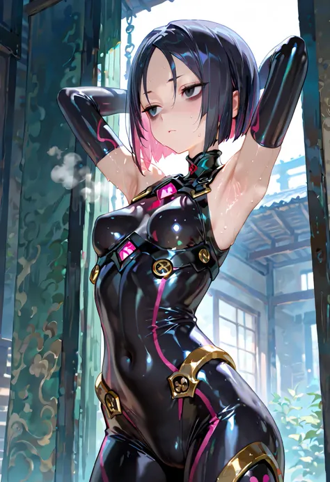 (masterpiece, Highest quality, Ultra-high resolution), 1girl, Ushi Gozen, short hair, black hair, colored inner hair, multicolored hair, pink hair, black eyes, bags under eyes, armored bodysuit, covered navel, cool backlight, Armpit, Pose that shows off he...