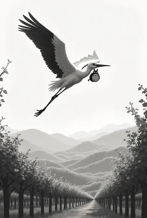 Stork flying over vineyard with baby Totoro drawing in black and white