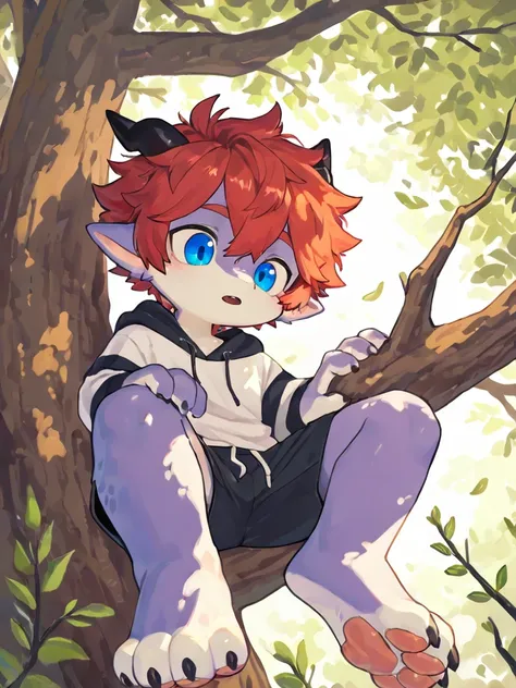 source_ furry， furry male，elementary school students，((boy )),dragon boy ,short hair,masterpiece, newest,absurdres, incredibly absurdres,  messy hair, cute anthro, Alone,Fantasy world，laugh，hand, perfect hand，boy  sitting on tree branch, Staring at the Aud...