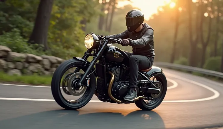 Astunningly realistic image of a 2025 (jawa 42 bobber), captured mid-corner during a high-speed ride. The (black shiny) motorcycle is sleek, shiny, and emanates power and performance. The rider expertly navigates the curve, showcasing the impressive handli...