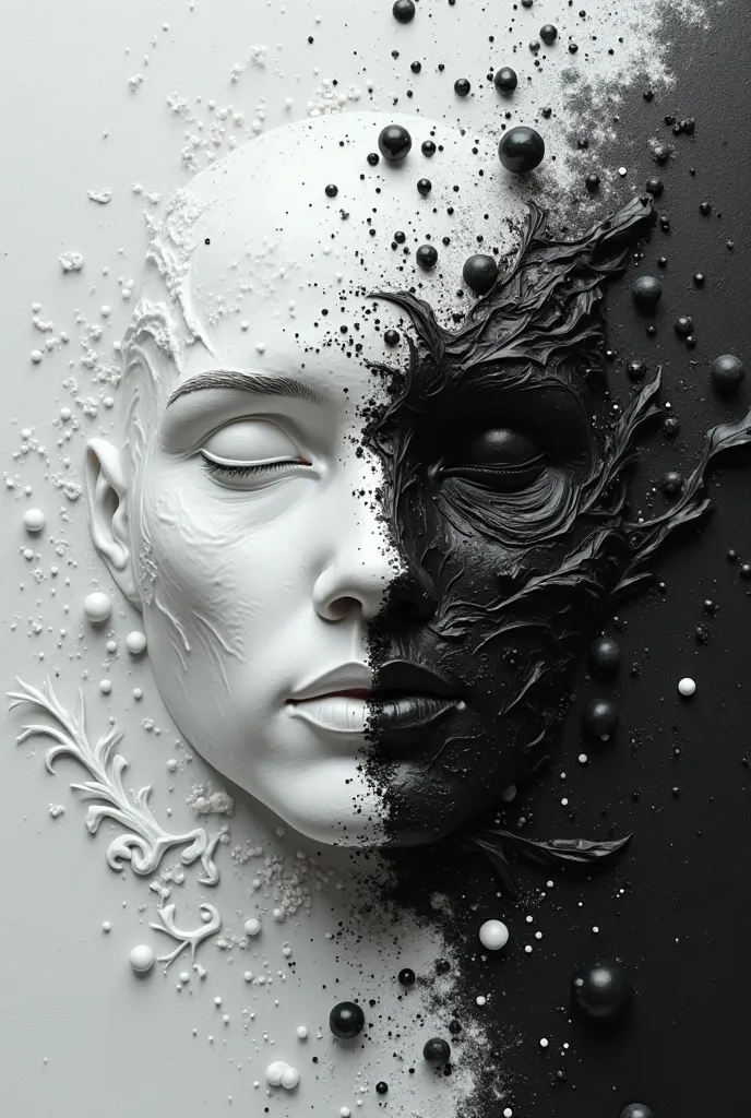 Create an image where the white color is attacked by the black color, where black did not exist before and white begins to take over. Represented with paint and porcelain texture 


