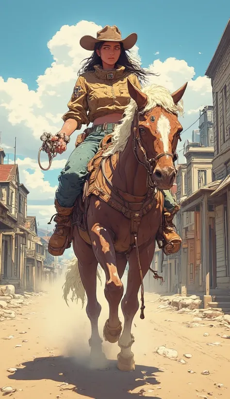 Cowgirl riding a horse and holding a gun, (4 horse legs only)riding on the western town, , intense, accurate 
 ultra HD quality, 8k, frank Frazetta art style 