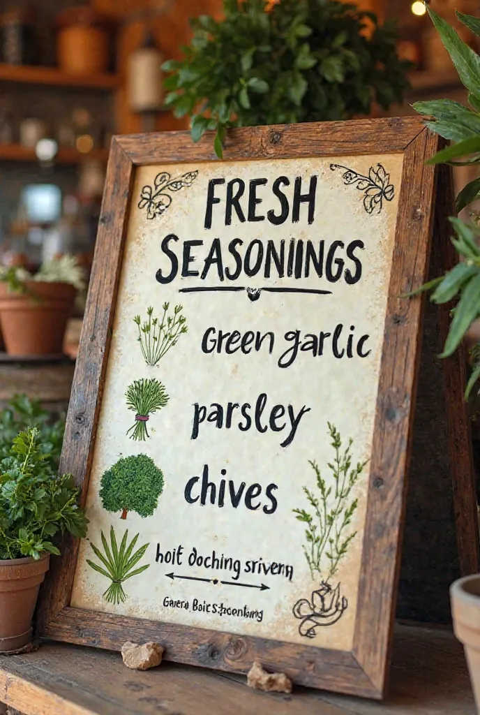 Create a sign written for sale natural seasoning Green Garlic Parsley and Chives.  Call WhatsApp  (11) 94050-3720 or ring the bell 