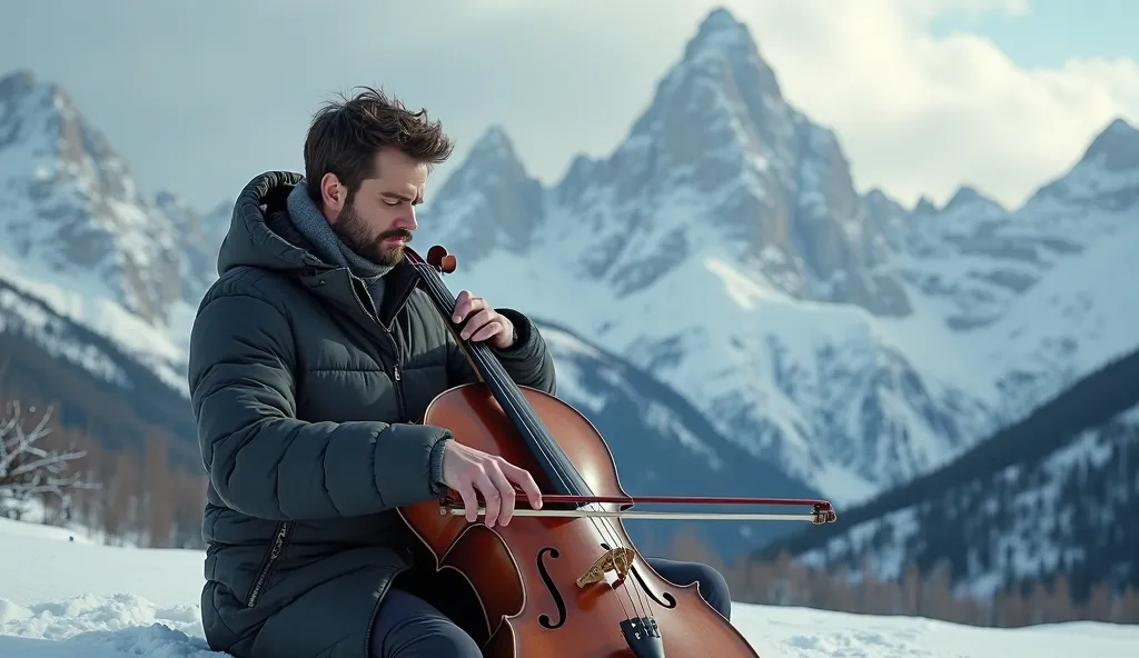 a sad man playing cello amidst the snow-capped mountains, detailed face with a melancholic expression,realistic portrait,digital art,mountain landscape,natural lighting,cold colors,Ultra-high resolution, extreme details,photorealistic