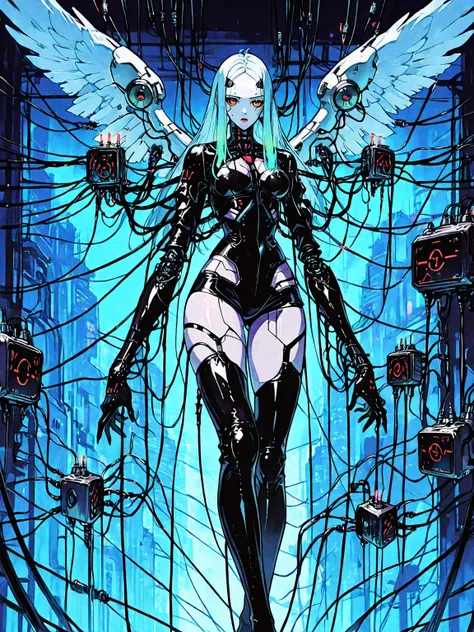 front view: Angel girl, white skin, white wings ,  four arms , extremely long legs,  latex costume,  robotic circuits , breasts, devices futuristic,  (( suspended by electrical cables ))(destroyed in parts), circuits, . Background: cyberpunk city. dark atm...