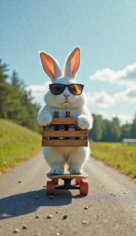 A large, fluffy white rabbit, with a soft and well-groomed coat, is balanced on a modern skateboard as it glides smoothly down a paved road in the middle of the field.. The rabbit wears stylish dark glasses, reflecting sunlight, and has a confident and pla...