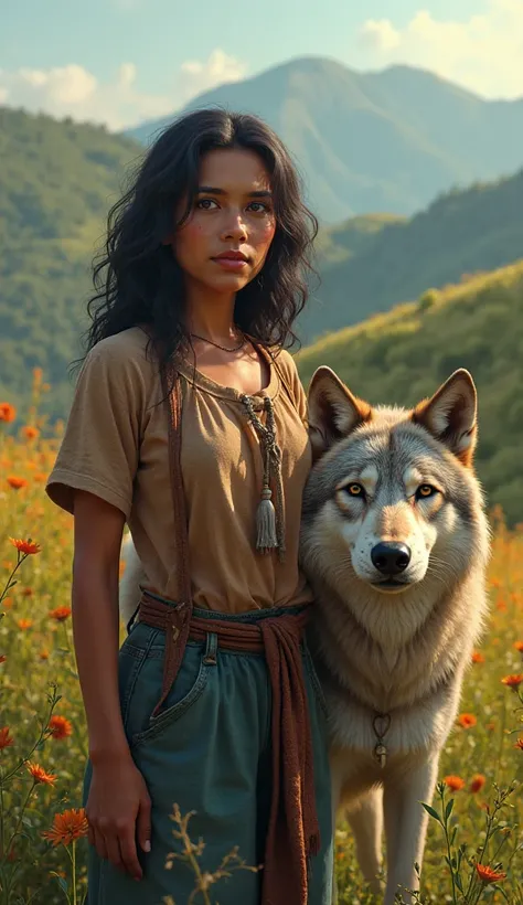 Mexican adult rural woman with wavy black hair together with an arctic wolf and a Mexican field in the background 