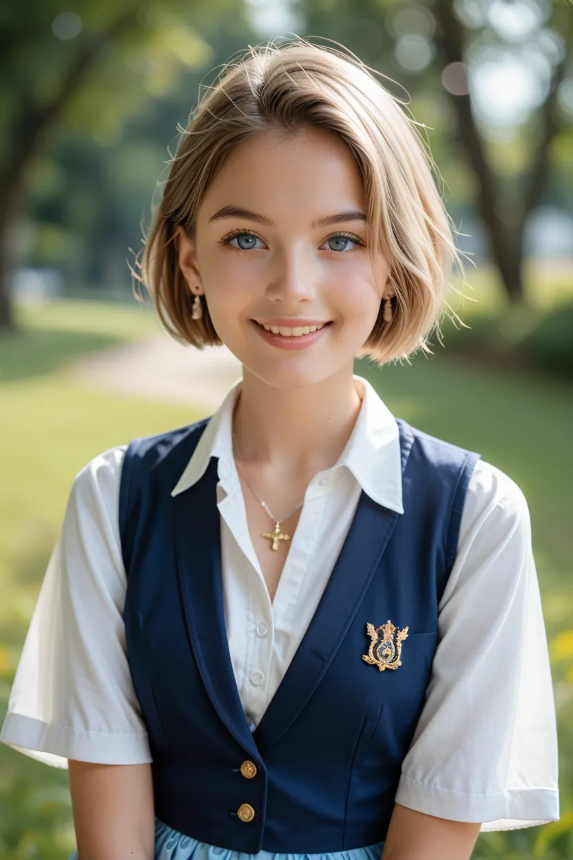 (Best quality, 32k, Raw photo, UHD), lifelike rendering, Top quality, ultra high resolution, realistic, Beautiful Woman, Beautiful detail eyes and skin, smile, Light brown short-cut hair. She is wearing (small earring, tiny necklace, school uniform:1.3, co...