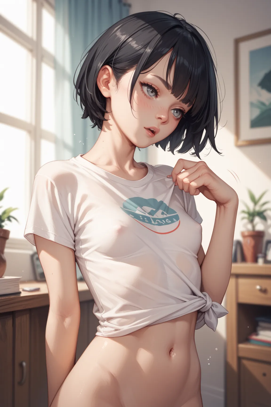 Skinny Girl ,  Black hair ,  short hair,  grey eyes,  small breasts ,  wide hips, slepping, shirt