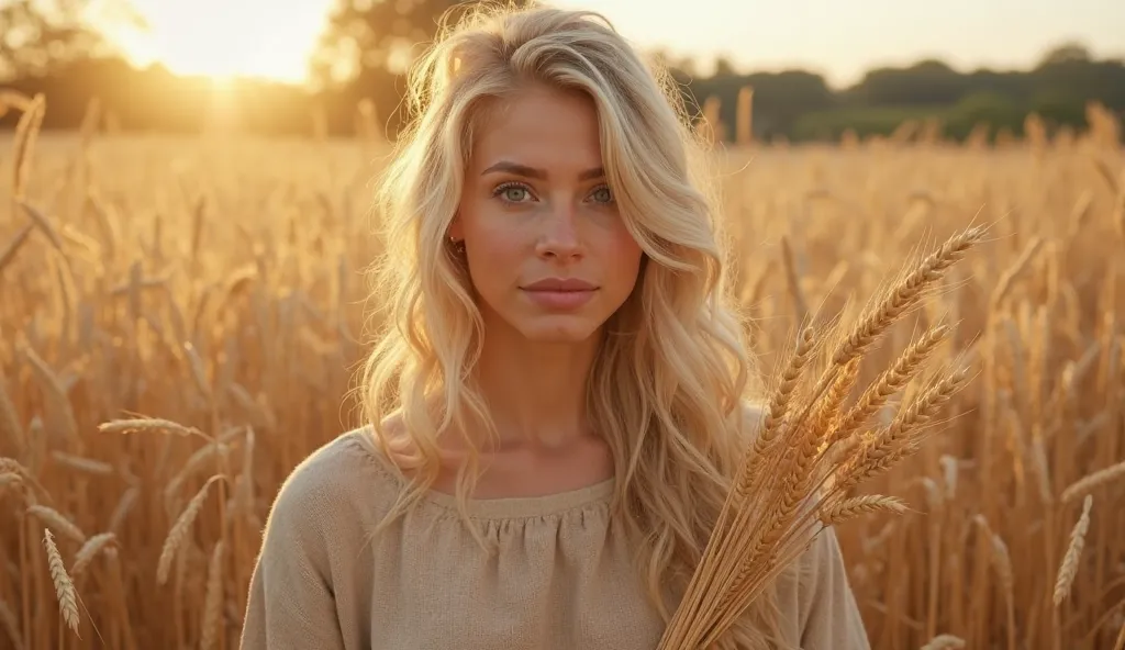 a blond woman holding wheat ears in a wheat field, with modest and simple clothes, Typical of the time of Jesus, like a coarse-woven tunic covering part of your hair, The sunlight reflecting off your face