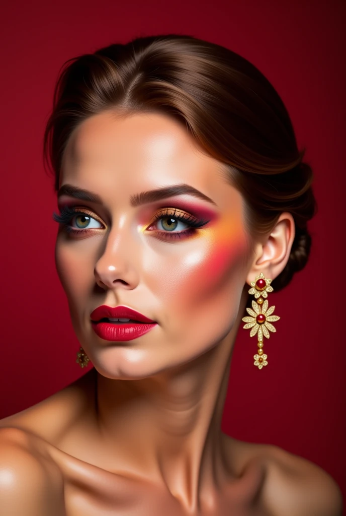 Imagen alta definición HD  Women CON ROSA EN ROSTRO  MAQUILLAJE ELEGANTE Y SOFISTICADO COLORES BRILLANTES CON DIMINUTAS PARTICULAS DE ORO CABELLO PEINADO TRENZA  ADORNADA DE ROSAS ROJAS  CON  DIMINUTAS PARTICULAS DE OEO EN PÉTALOS  LETRERO DE ALFABETO,( Wo...