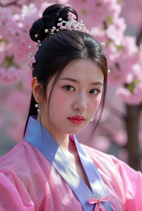 (Full Body), A luminous Korean beauty from ancient dynasties (221 BCE - 220 CE) stands majestically against a outdoor cherry blossom background, her vibrant raibow twotone Wuxia attire radiating an otherworldly aura. David Lachapelle's lens captures the fr...