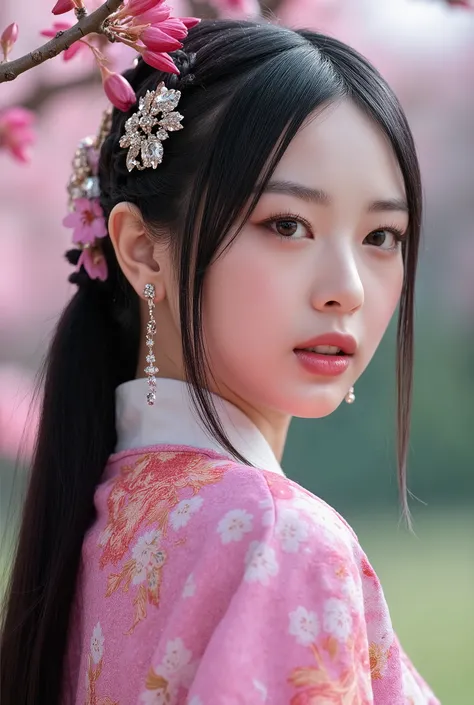 (Full Body), A luminous Korean beauty from ancient dynasties (221 BCE - 220 CE) stands majestically against a outdoor cherry blossom background, her vibrant raibow twotone Wuxia attire radiating an otherworldly aura. David Lachapelle's lens captures the fr...